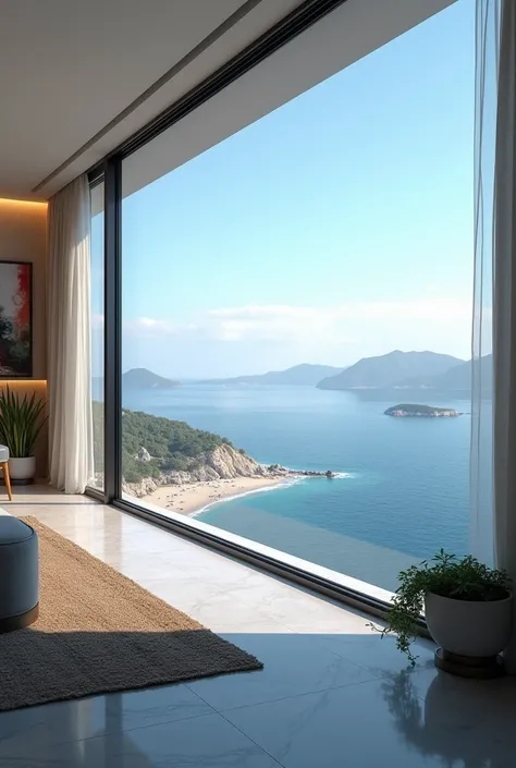 I want an apartment from high position where I can sea the long white coast below on the right side and the blue sea. The apartment is wide and  Im inside it so I can see a part of my apartment with some furniture 