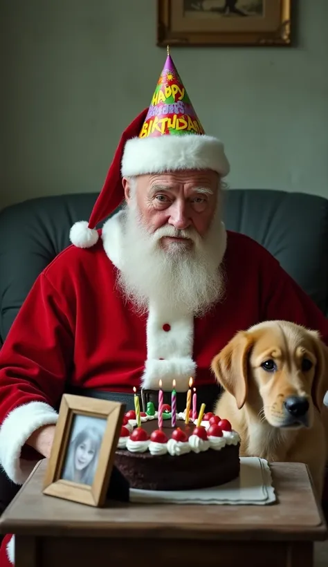 AN ELDERLY SANTA CLAUS IN A ROOM. HE IS SITTING AT A SMALL TABLE WITH A SAD AND INTROSPECTIVE EXPRESSION. SANTA CLAUS IS WEARING HIS TRADITIONAL RED OUTFIT. HE IS CLEAN-SHAVEN, AND HIS WRINKLED FACE REVEALS HIS ADVANCED AGE. HIS FURROWED BROW AND DOWNCAST ...