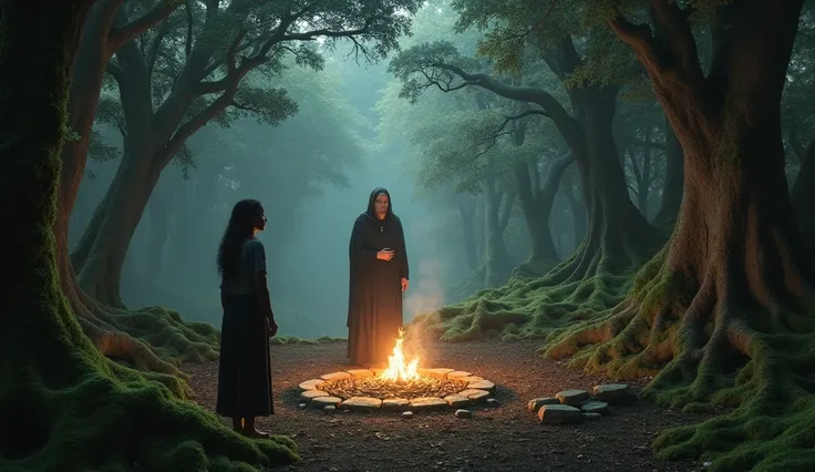 “A mystical forest scene with Aminata walking alone, finding an old healer standing by a sacred fire in a small clearing. The healer is offering a mysterious pact to Aminata, the atmosphere is filled with tension and intrigue.