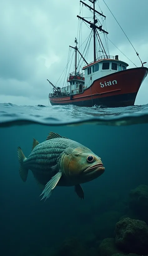 Realistic photo of strange fish caught by fishermens boat 