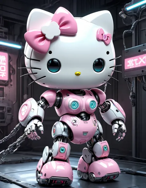 (masterpiece:1.2, best quality, ultra high resolution, Very detailed, best illustrations),8k,wallpaper, A pastel-colored robotic Hello Kitty, equipped with cybernetic muscles, crushing a metal bar while maintaining her adorable smile.