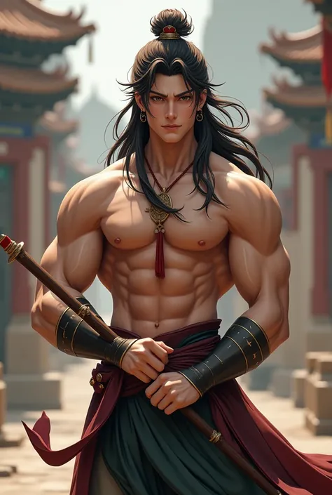 (Best Quality, 8k, Masterpiece :1.3), handsome young man with perfect figure and long hair :1.4, Zhong Li, Zhongli, Dark brown hair big chest, genshin impact, on ruins, in the hands of a spear, Very detailed face and skin, Detailed eyes, Double eyelid