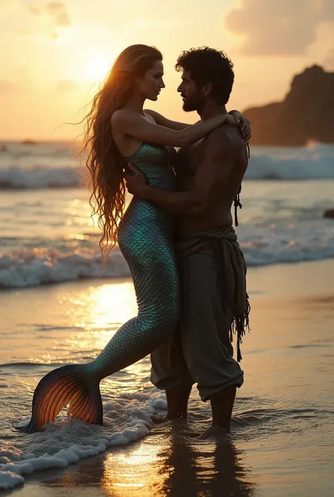 Man carrying a mermaid on the edge of the beach