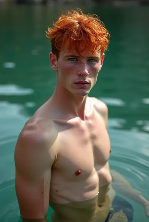 man, 18 years old , Red hair, in a lake,  slim body,  freckles on face and body, Lago Verde ,  blue eyes , cold light, Alone, looking at the viewer,  flash of lens ,  masterpiece,  High resolution,  The best quality , HD model, quality,  very detailed ,  T...