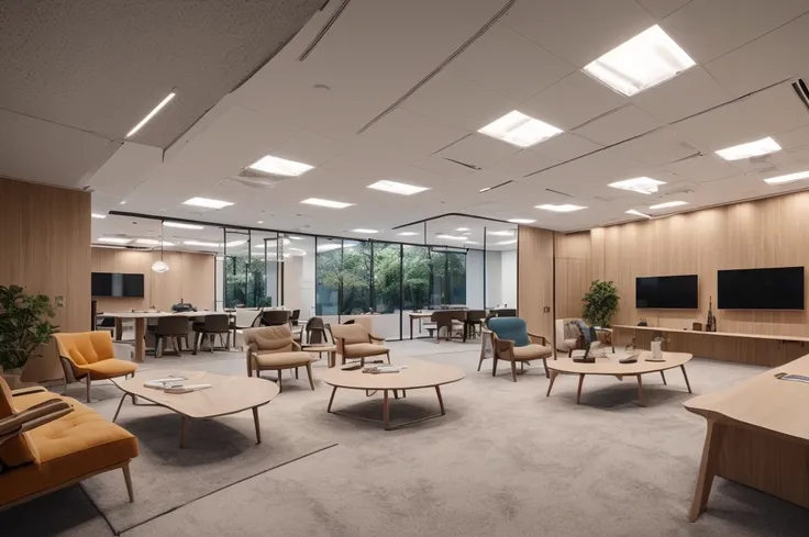 Masterpiece, Real, Office Negotiation Room, Arafe Office with Colorful Sofas and Colorful Chairs, Light Wood Walls and White Ceiling, Open Space Working Space, Light Up, Elpis, High Quality Photo, Partially Looking Left, Wide Full Shot, Taken in 2022, Snap...