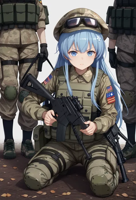  light blue long hair、 girl with twin tails 、Training in camouflage clothing 、anime girl in camouflage With a rifle and hat sitting on ground, ry Girl, soldier girl, mechanized soldier girl, Military Girls , With a rifle, soldier,  Camouflage Gear ,  ready...