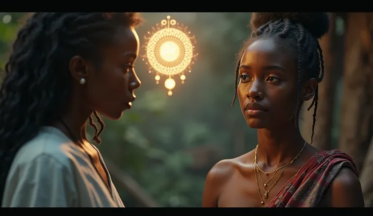 A glowing mystical symbol floating in the air as Aminata listens to the healer, her face showing hesitation and determination. The next shot shows Aminata’s sick father, sitting in a humble home, looking weak and vulnerable, as Aminata looks at him with sa...