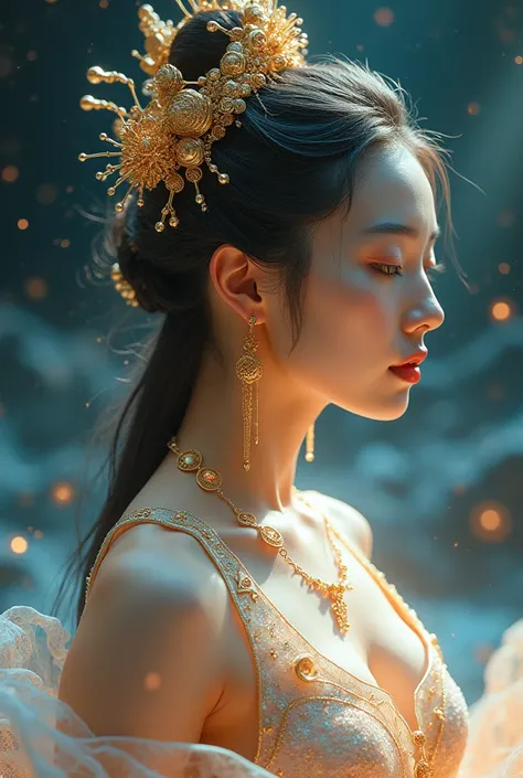 Gorgeous Galactic, A hyper-realistic portrait of a galactic Korean female with glowing skin that shimmers with the colors of the cosmos, adorned with intricate golden ornaments and celestial jewelry. Her body is marked with luminescent runes that pulse fai...