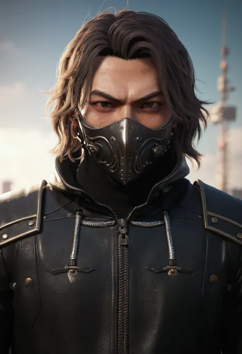 a close up of a man wearing a black leather jacket and a mask, japanese devil mask, unreal engine character art, small character. unreal engine 5, detailed unreal engine 5 render, wearing leather assassin armor, made in unreal engine 5, unreal engine 5 hig...