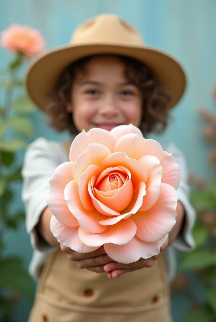 Prompt:
" A friendly young gardener is in a frontal pose ,  extending a large and vibrant flower directly to the observer ,  covering almost half of the screen . A flor,  a delicate rose with petals detailed in soft shades of pink and cream,  is highlighte...