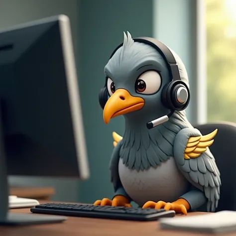 The brave male pigeon mascot is facing the computer, wearing a headset on his ears, with a sad face, golden wings, has hands, gray feathers, like a customer service officer, the whole body