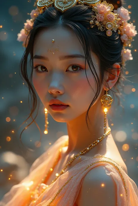 Gorgeous Galactic, A hyper-realistic portrait of a galactic Korean female with glowing skin that shimmers with the colors of the cosmos, adorned with intricate golden ornaments and celestial jewelry. Her body is marked with luminescent runes that pulse fai...