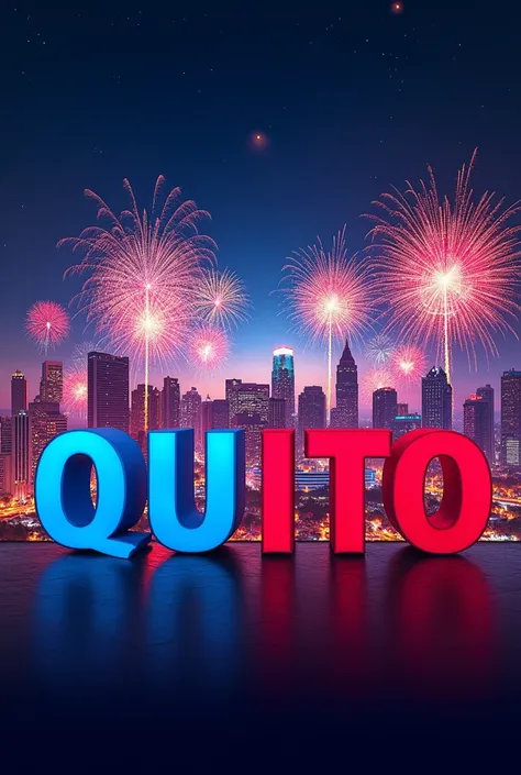 Experience Quito in blue and red letters and the sky in the background with fireworks 