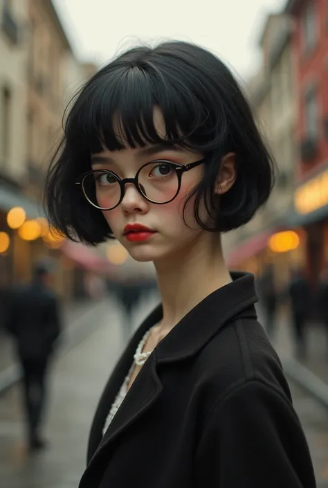 26 year old girl, in 1920, with short black hair and thin glasses