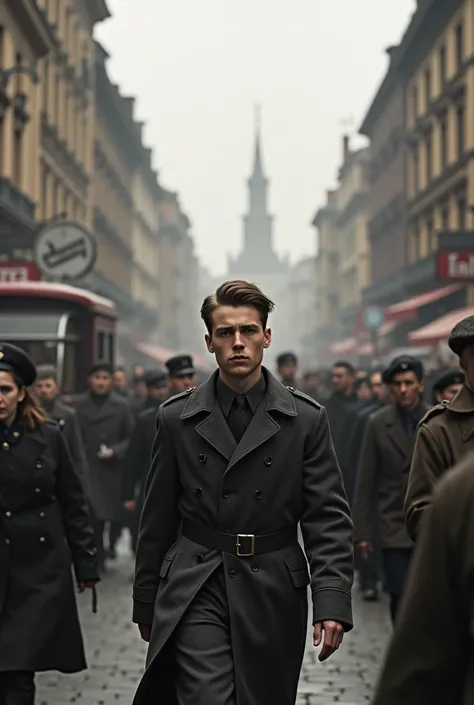 Eighteen-year-old German boy walking through the crowds of the German city of the forties 