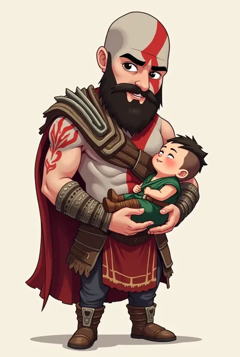  a father and a young son who is a newborn baby wearing a joint costume inspired by God of War,  a father and a baby son in a joint costume inspired by God of War {x} } I want it with chibi-like animation or similar to an emote for Twitch 

Kratos and Atre...