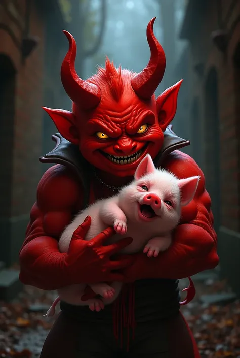 An all-red devil has a piggy in his arms  , the devil is smiling and the piggy looks sad and somewhat tearful,Give me another image that the devil intimidates