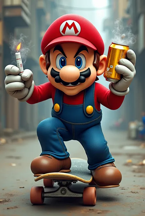 An image of Mario Bross riding a bad-faced skateboard with a beer and a cigarette