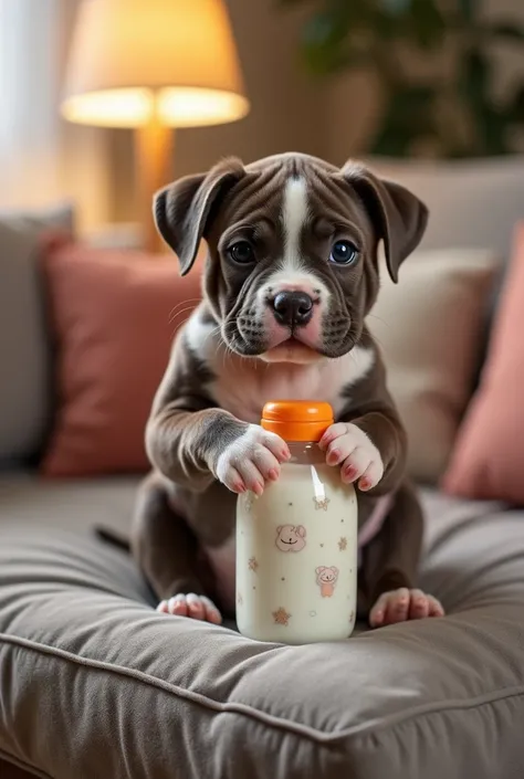 
"A hyper-realistic pitbull puppy, with a shiny coat in shades of brown and white, displaying detailed details such as small rounded hairs on the ears and a slight moisture in the snout. He is sitting on a velvety fabric cushion with neutral tones, which g...