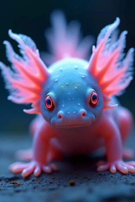 A close up of the axolotl ,  illuminated with neon tones that highlight its external gills