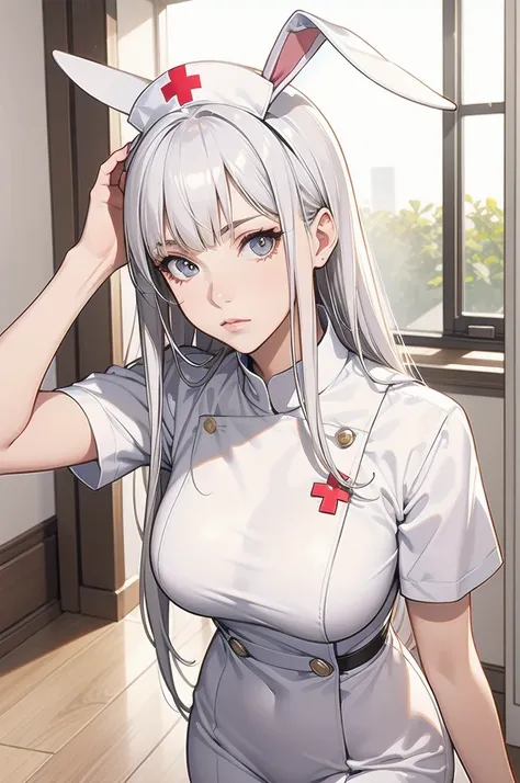 A semi-realistic anime-style woman with a fair complexion and long, sleek white hair. Fullbody. She is a nurse. She has white rabbit ears. She has silver eyes. A nurse outfit. Aged 21. She has long white hair, with bangs framing her sharp, focused expressi...