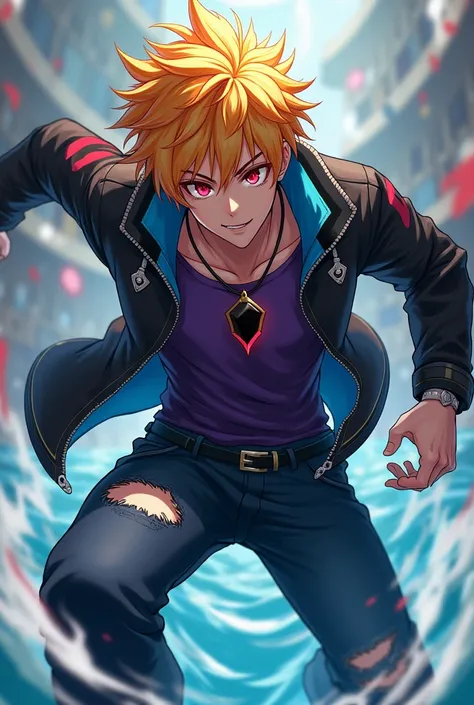 18 year old boy in fighting pool ,  of yellow hair with red highlights ,  black jacket with blue and white ,  dark blue ripped pants,  bright red eyes with black calves , purple shirt,  and a necklace with a black stone turning red 