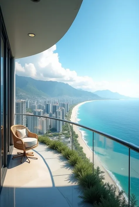 I want an apartment from high position where I can sea the long white coast and the city below on the RIGHT SIDE and the blue sea. The apartment is wide and  Im inside it so I can see a part of my apartment with some furniture. The white coast has to be on...