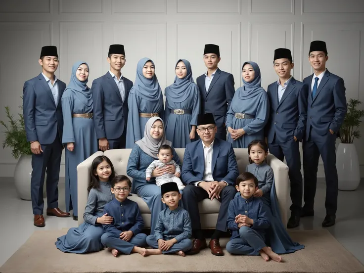 Studio Photography of Indonesian family of 18 members, neatly, a couple aged 59 sitting on chair holding a 6 mounth-old baby boy, one girl aged 12 and 5 boys aged 9,6,8, sit on sofa also, standing behind them four womans aged 28 hijab, five mans aged 32 wi...