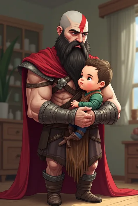  a father and a young son who is a newborn baby wearing a set costume inspired by God of War,  a father and a baby son in a joint costume inspired by God of War {x} } I want it with chibi-like animation or similar to an emote for Twitch 

Kratos and Atreus...