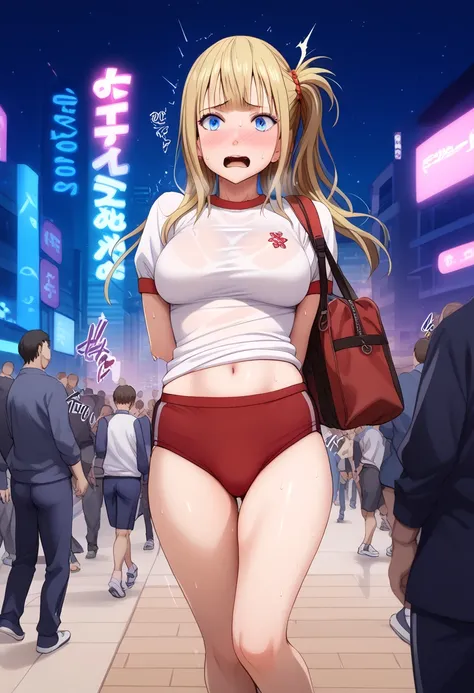 BREAK 1girl,walking,embarrassed,Care about your surroundings, BREAK 1girl, Kaguya Kawasumi, blond hair, long hair, large breast, Sweat,(Sound Effects:1.3),(gym uniform: 1.3), (buruma: 1.2), (buruma very wedge: 1.2),bag, BREAK cityscape, (at night:1.2), glo...