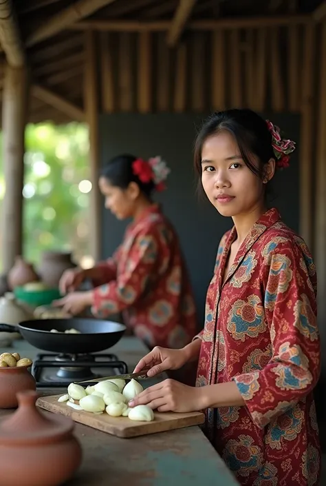   2 Indonesian village girls , Age 25th , spoilt face look ,  hooded hair , wearing a simple kebaya and a little smiling batik cloth, , in front of ,  cooking in her simple kitchen .  someone was slicing onions on a wooden board and there was the one that ...