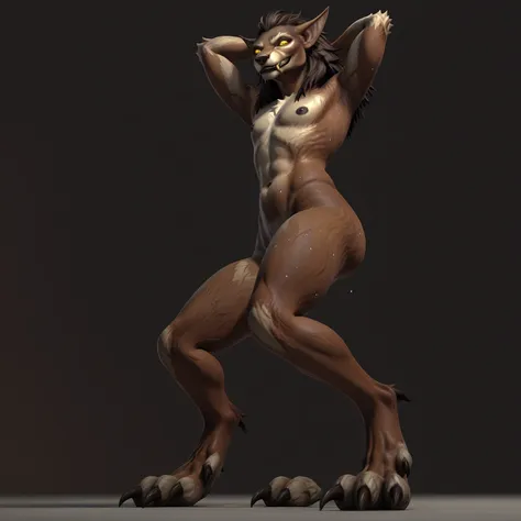 1girl, solo,nsfw,naked, furry, worgen, 4 fingers, pointy ears, animal ears, claws, glowing eyes, gold eyes, brown fur, snout,fmb,slightly toned body,3d model,flat chest black nipples,black nipples,gold eyes, hands behind head,(side view),looking at viewer,...