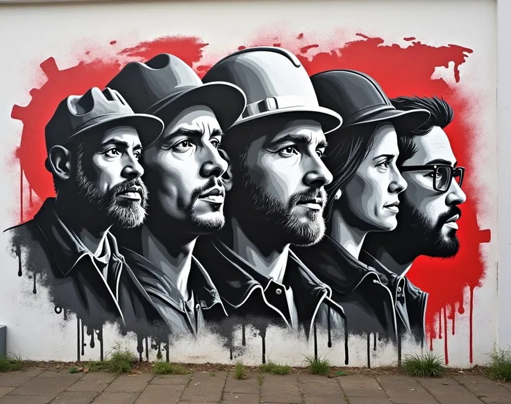  black and white graffiti with red accents on the college wall,  depicting portraits of representatives of different professions : architect,  engineer draws, programmer, Guide, teacher and electrician .  with a gear in the background drawings world map co...