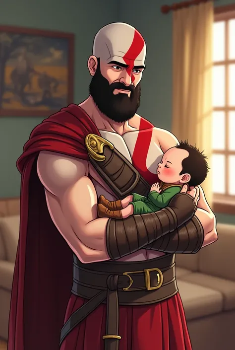  a father and a young son who is a newborn baby wearing a joint costume inspired by God of War,  I want it with very cute anime-like animation. 

Kratos and Atreus
Kratos : The father ( who is a tall young man , with a slightly dark complexion and very thi...