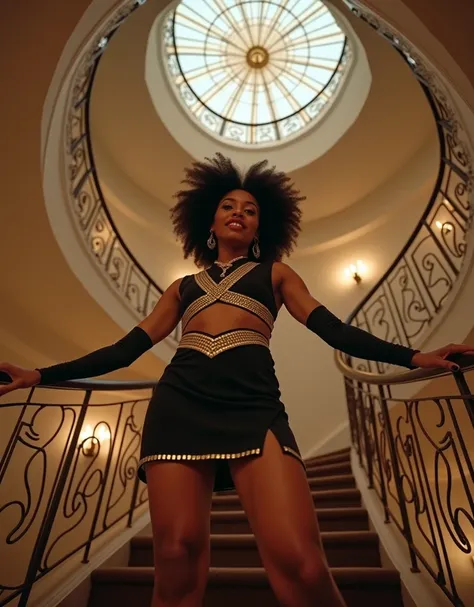 An 18-year-old Afro-descendant woman standing at the center of a grand spiral staircase in a luxury penthouse, wearing black and gold cheerleader uniform with metallic accents. She strikes a power pose, her arms elegantly outstretched along the staircase r...