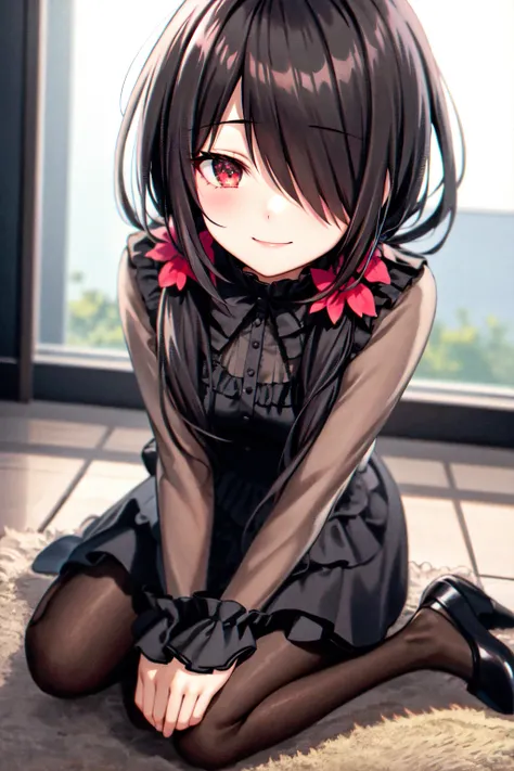 1girl, solo, kneeling, seiza, cckurumi, long hair, low twintails, hair flower, hair over one eye, hair bow, gothic, black dress, ribbon, pantyhose, slippers, sitting, smile, looking at viewer, leaning forward, indoors, living room, television, window, plan...