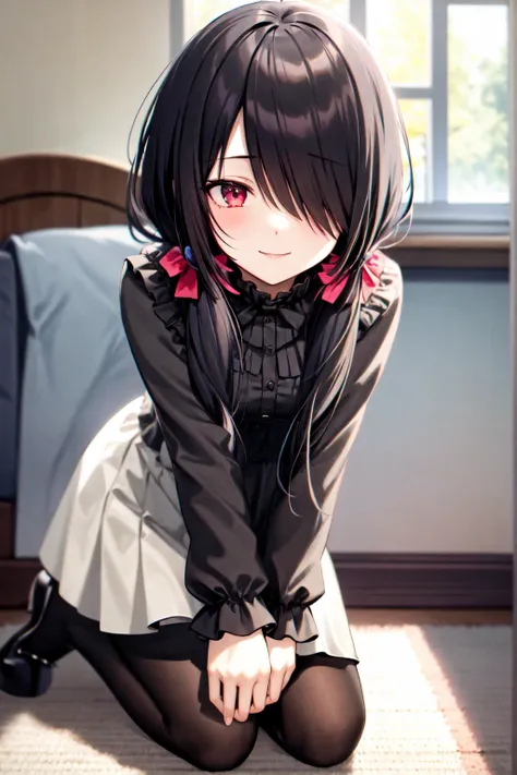 1girl, solo, kneeling, seiza, cckurumi, long hair, low twintails, hair flower, hair over one eye, hair bow, gothic, black dress, ribbon, pantyhose, slippers, sitting, smile, looking at viewer, leaning forward, indoors, living room, television, window, plan...