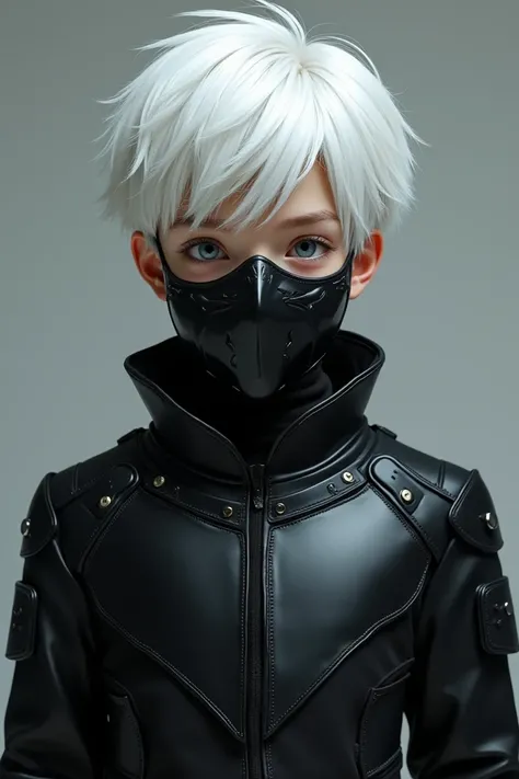 A white-haired boy, a black mask and a technological black breastplate 
