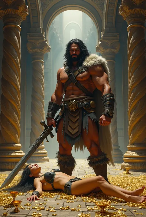 Conan Barbarian with a Claymore sword in his hand in a palace filled with serpent statues on the walls and floor lined with gold coins and gold and silver chalices and woman lying on the floor at his feet 