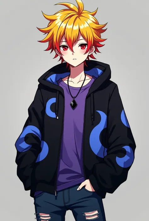  18-year-old boy ,  of yellow hair with red highlights ,  black jacket with blue and white ,  dark blue ripped pants, red eyes with black calves , purple shirt,  and a necklace with a black stone  