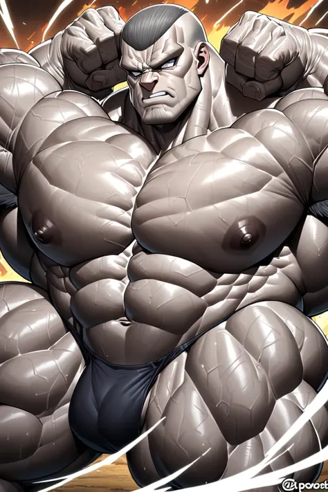 A huge cocky muscular military man, proudly showing off his muscles in a double bicep pose, incredible muscle, big pecs, buzzcut, grey hair with white streak, Rugged face,