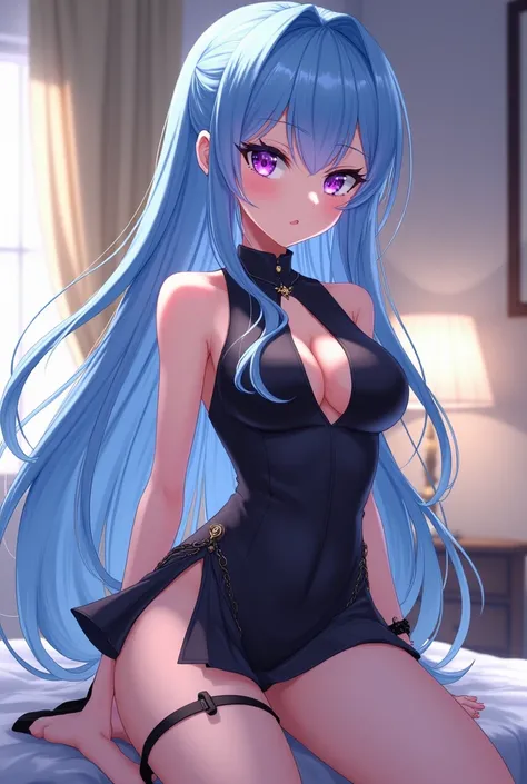  An anime character with long hair ,  smooth and vibrant sky blue that reach the waist .  Her tips are slightly wavy ,  Your eyes are big and expressive, of a deep violet,  with long lashes that further highlight her captivating look .  They have a soft gl...