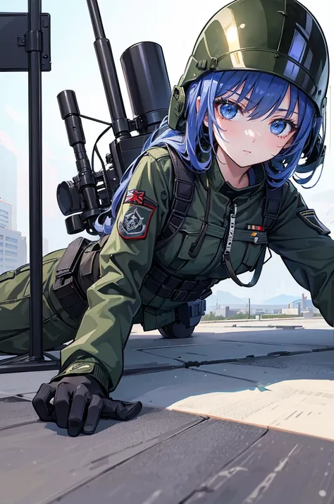 1girl, teen body, feminime, soldier, sniper, full gear sniper, holding sniper rifle, scoping, rooftop, lie down, prone, professional illustration quality, dynamic camera angle, high quality, anime style, (masterpiece:1.5), (bestquality), (highly detailed),...