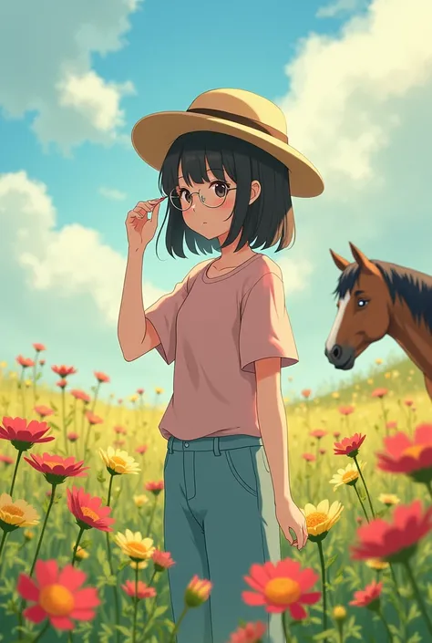 Create an anime girl with straight hair that reaches her shoulder who wears glasses with a pink shirt and blue pants with a field hat next to a horse in a meadow with lots of red and yellow flowers surrounding her and she is smelling a