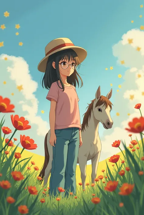 Create an anime girl with straight hair that reaches her shoulder who wears glasses with a pink shirt and blue pants with a field hat next to a horse in a meadow with lots of red and yellow flowers surrounding her and she is smelling a