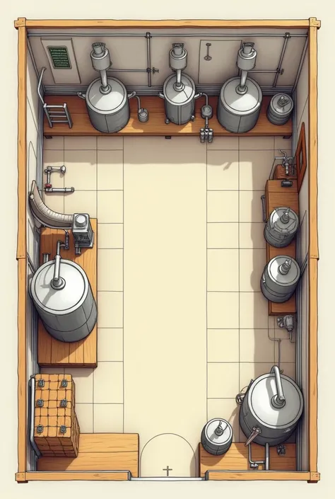 Plan of a craft brewery, more realistic and simple, without people,  only pots and barrels of small sizes. That the pots and barrels are not so big 
