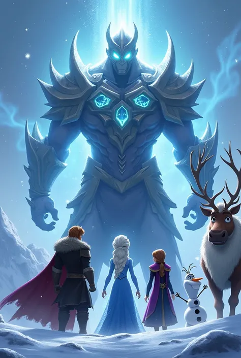  I want a Frozen 3 poster with Anna , Elsa, olaf, Krystoff and Sven together with Hans against an armoured villain with powers and the title of the movie Frozen 3 