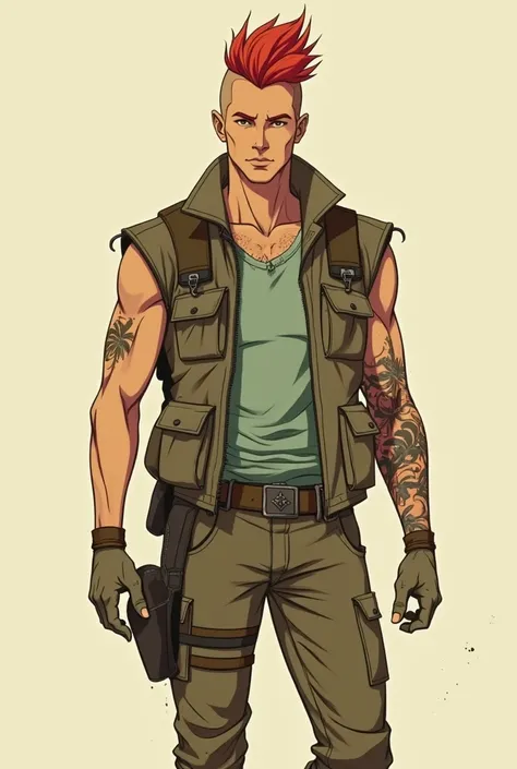 Create a rugged male character in his 30s, with an extravagant 80s, anime-style Ghost in the Shell hairstyle with a Sand Cream color palette: A warm, light tone that evokes the softness of sand or ancient parchment.
Pastel Green: A soft and delicate green,...