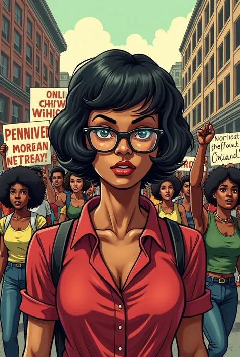 Young woman with short black hair and thin glasses leading an Afro-descendant strike in 1920, comic style 