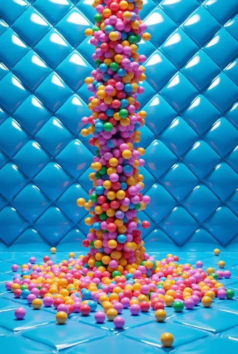  image of a drop of thousands of colored plastic balls on the ground, Some balls are very close together in the , background with polished and shiny blue 3D digital tiles in symmetric and perfect 3D